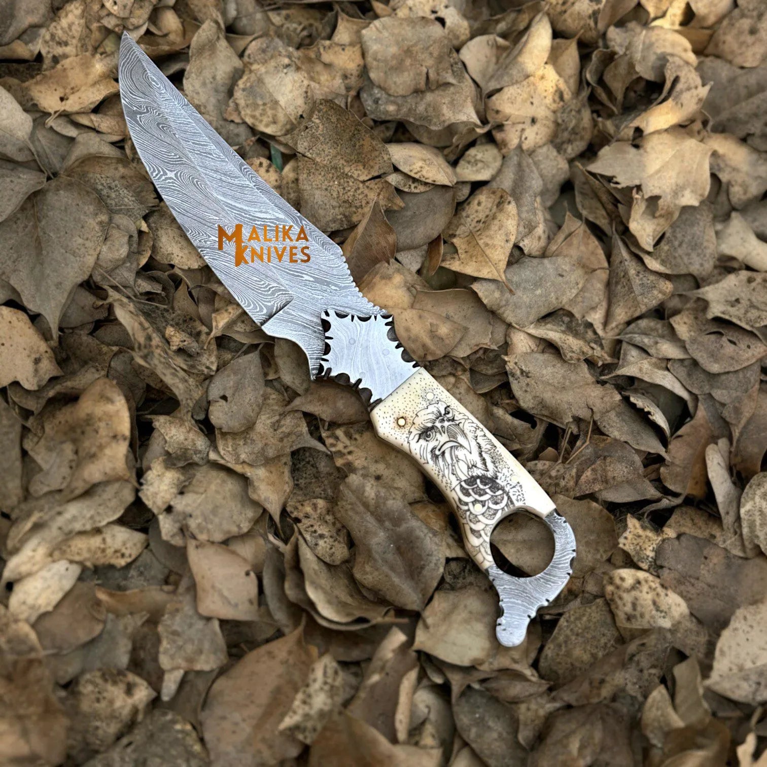 Tough EDC Ride Hard Biker Ringtail Knife – Camel Bone & Eagle, Horizontal Sheath-0360