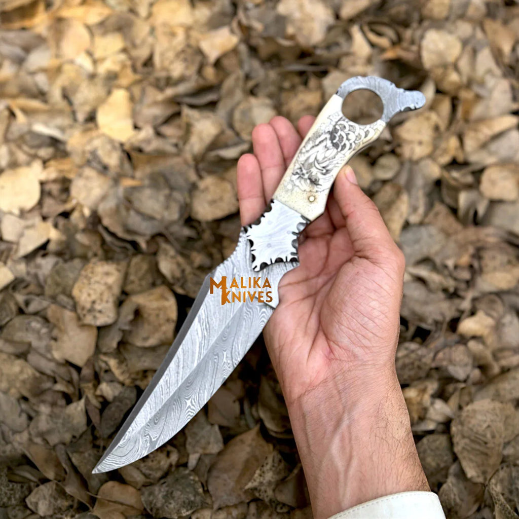 Tough EDC Ride Hard Biker Ringtail Knife – Camel Bone & Eagle, Horizontal Sheath-0360