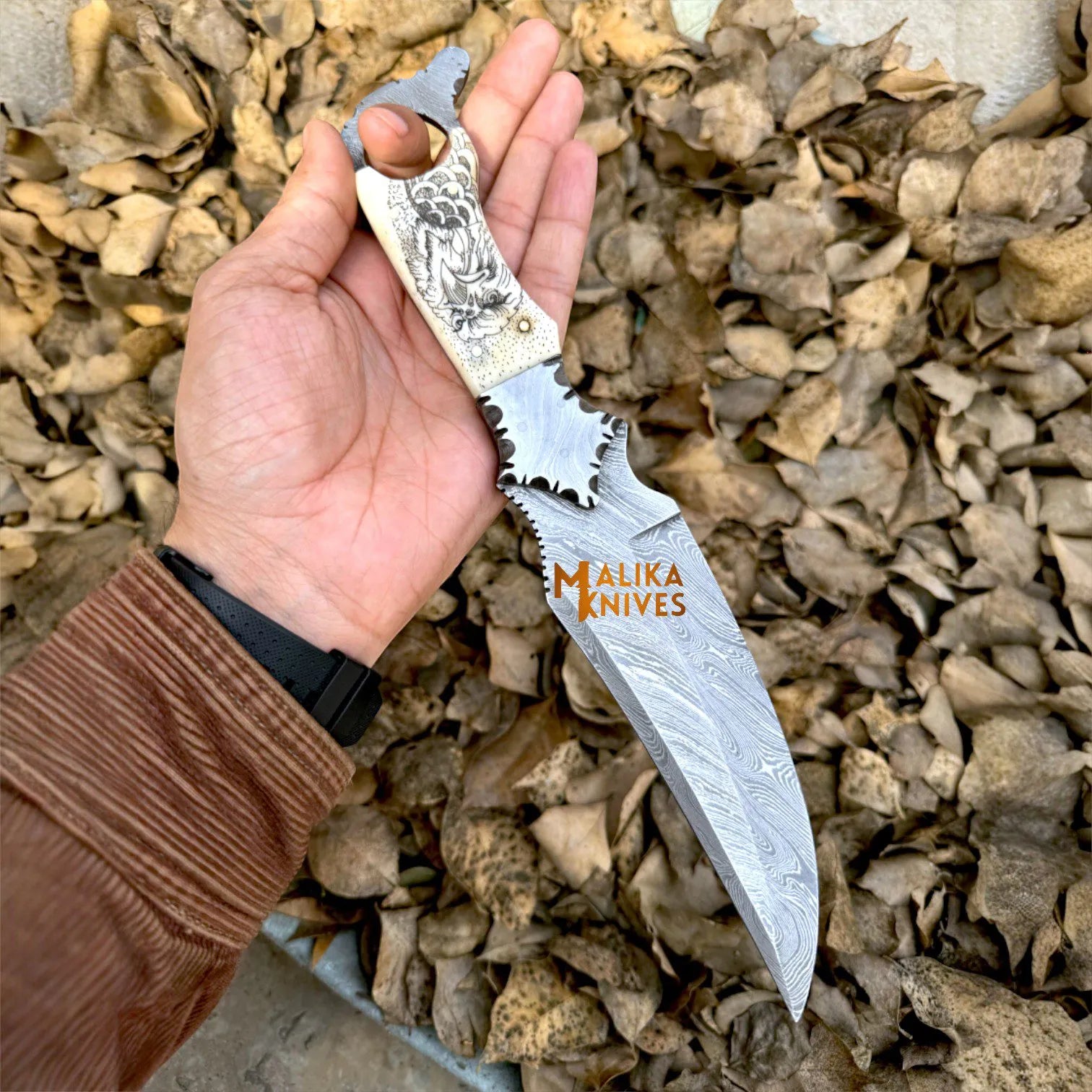 Tough EDC Ride Hard Biker Ringtail Knife – Camel Bone & Eagle, Horizontal Sheath-0360
