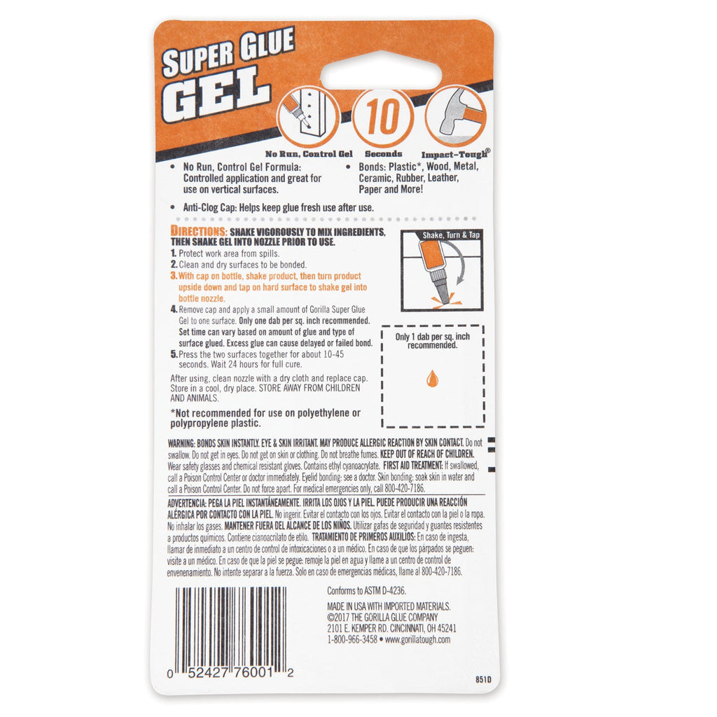 Gorilla Super Glue Gel, 0.53 oz, Dries Clear