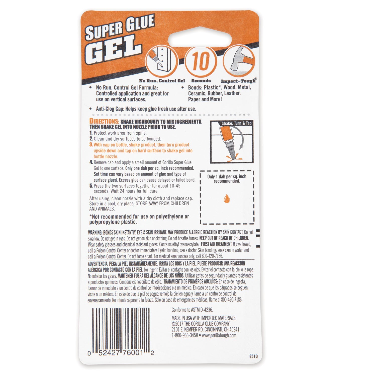 Gorilla Super Glue Gel, 0.53 oz, Dries Clear