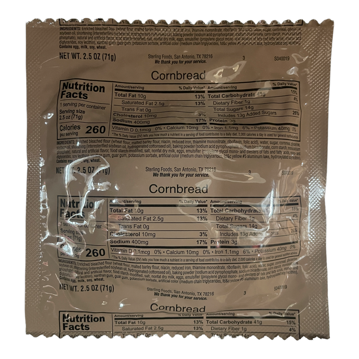 BULK MRE Bread - 100 packs of Cornbread (Trans Fat Free)
