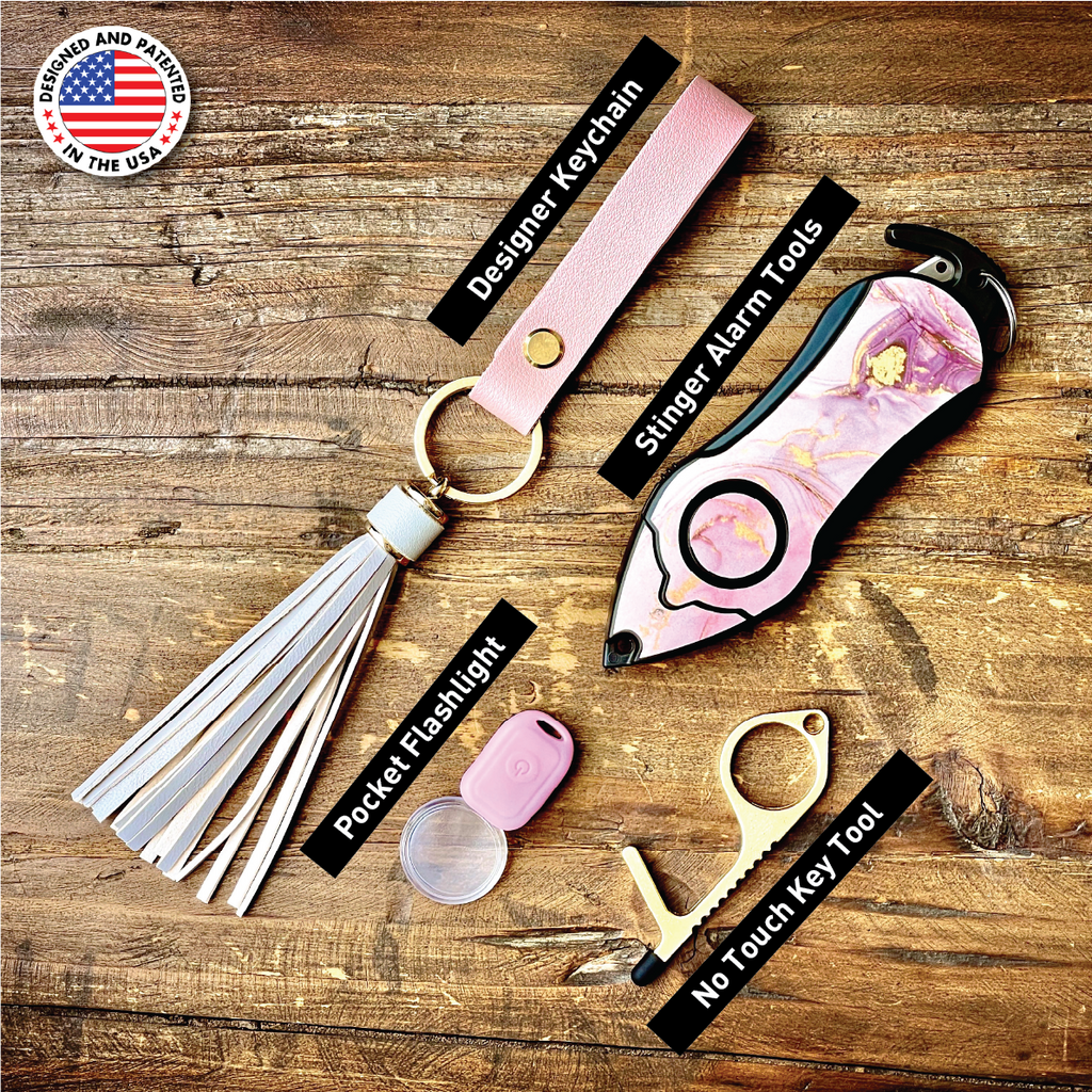 Personal Alarm Keychain Safety Emergency Tool Kit (Pink Marble)