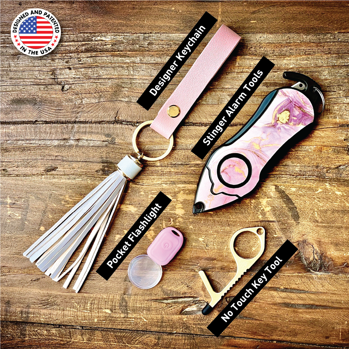 Personal Alarm Keychain Safety Emergency Tool Kit (Pink Marble)