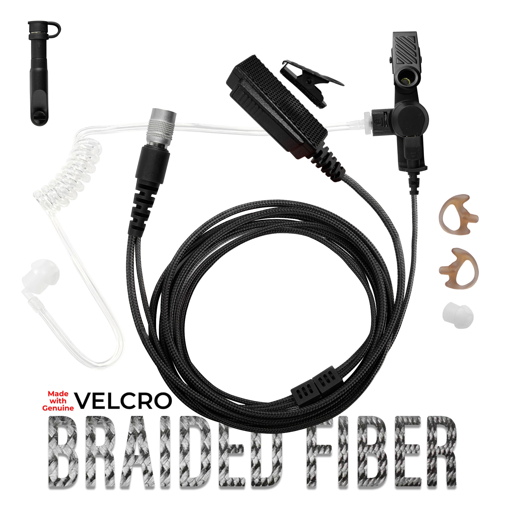 Velcro Tactical Mic & Earpiece Braided Fiber Kit w/ Quick Disconnect (Hirose) - Harris/Tait TP3000/7110/7100/8000/9000 Series