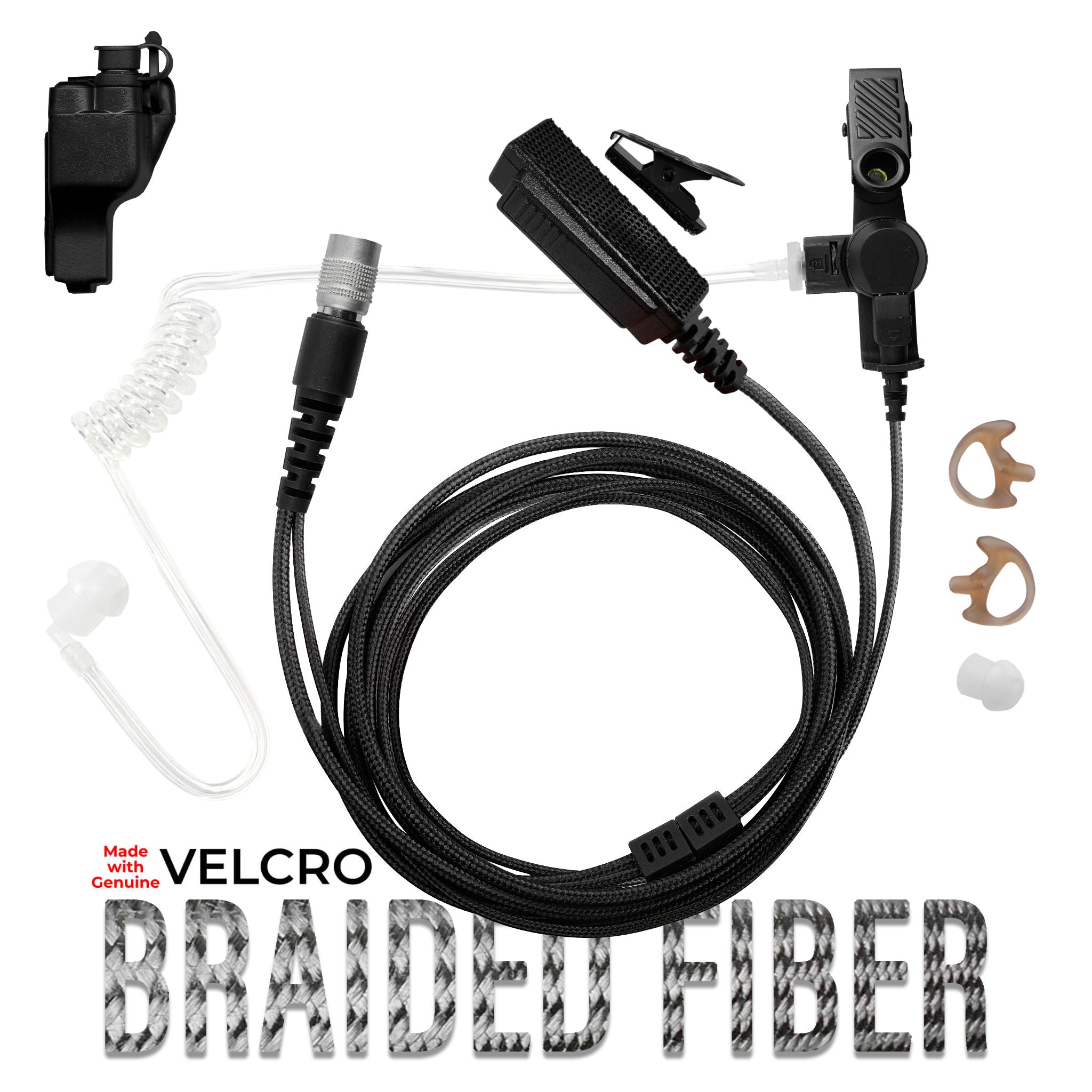 Velcro Tactical Mic & Earpiece Braided Fiber Kit - Quick Disconnect (Hirose) Motorola XTS Series, HT/JT1000, MT/MTS2000, MTX838/900/8000/9000, PR1500 & More