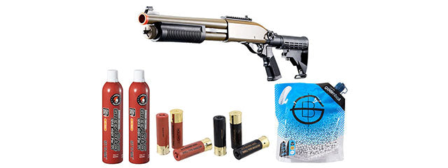 Golden Eagle M8871 3/6-Shot Pump Action Gas Airsoft Shotgun w/ Ghost Ring Iron Sights & M4 Crane Stock Shell/Green Gas Combo - (Tan)