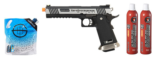 WE Tech 1911 Hi-Capa T-Rex Competition Gas Blowback Airsoft Pistol w/ Sight Mount & Top Ports Tibetan Version - (2-Tone/Silver) Green Gas Combo