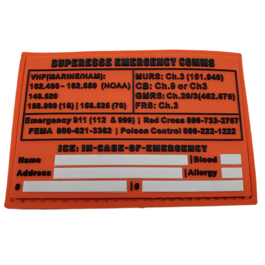 Storage Pocket Patch:  Emergency Comms with Radio Frequency/Channel and Telephone Contact Numbers, ICE Card