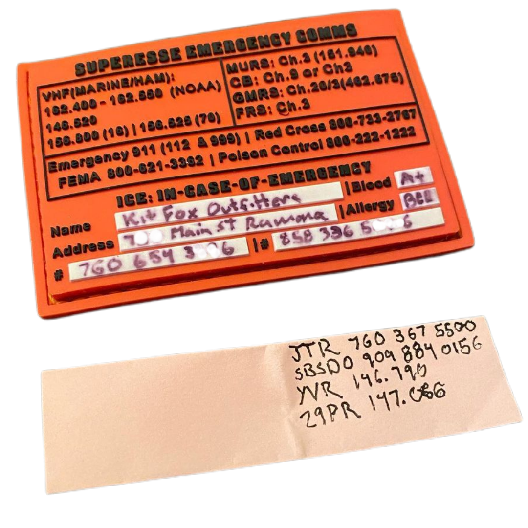 Storage Pocket Patch:  Emergency Comms with Radio Frequency/Channel and Telephone Contact Numbers, ICE Card