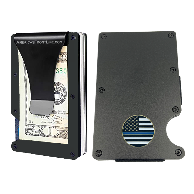 EL3-012 Police Thin Blue Line Wallet Money Clip RFID Blocking Front Pocket Wallet Premium Minimalist Wallets for Men Minimalist Slim Credit Card Holder Business Card Holder Mens Aluminum Metal Wallet