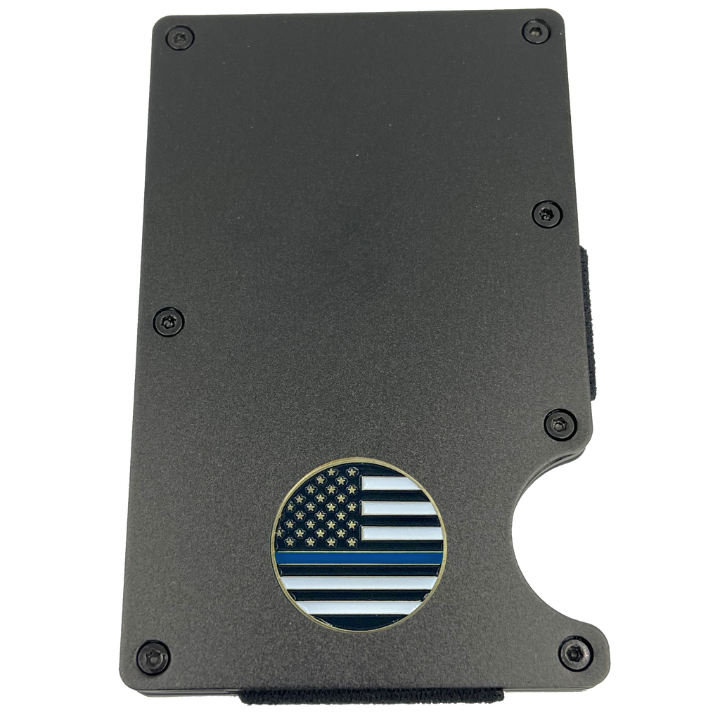 EL3-012 Police Thin Blue Line Wallet Money Clip RFID Blocking Front Pocket Wallet Premium Minimalist Wallets for Men Minimalist Slim Credit Card Holder Business Card Holder Mens Aluminum Metal Wallet