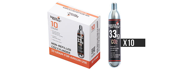 Lancer Tactical High Pressure 33 Gram CO2 Cartridges for Airsoft / Airguns - (Pack of 10)