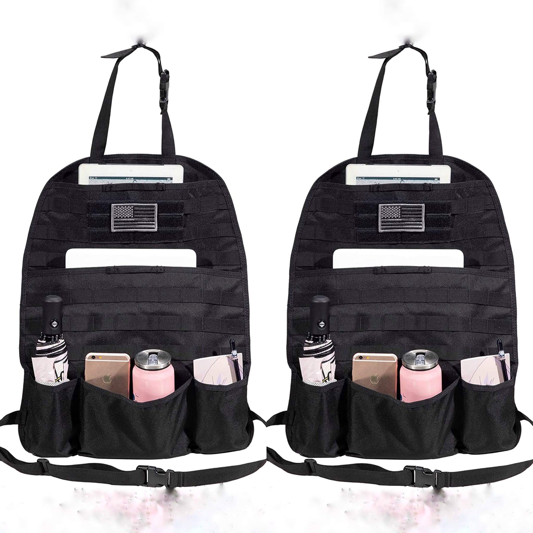 (PAIR) Car Seat Back Gear Organizer with FREE US Flag Patch included