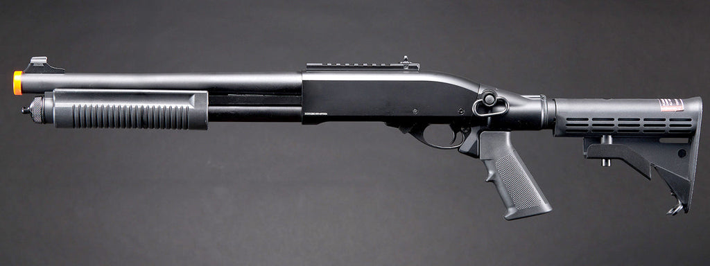 Golden Eagle M8871 3/6-Shot Pump Action CO2 Gas Airsoft Shotgun w/ Ghost Ring Iron Sights & M4 Crane Stock - (Black)
