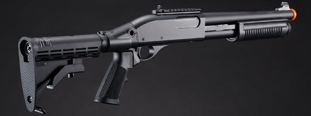 Golden Eagle M8871 3/6-Shot Pump Action CO2 Gas Airsoft Shotgun w/ Ghost Ring Iron Sights & M4 Crane Stock - (Black)