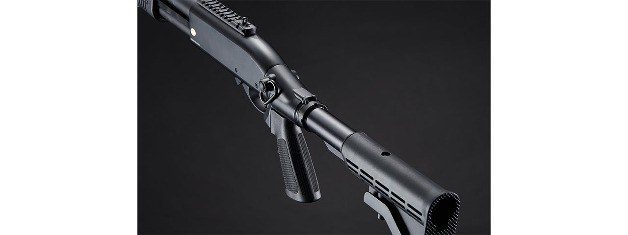 Golden Eagle M8871 3/6-Shot Pump Action CO2 Gas Airsoft Shotgun w/ Ghost Ring Iron Sights & M4 Crane Stock - (Black)