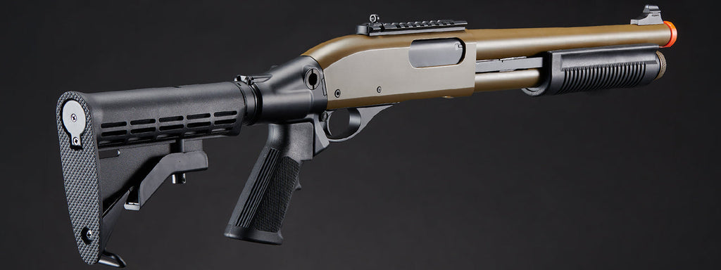 Golden Eagle M8871 3/6-Shot Pump Action Gas Airsoft Shotgun w/ Ghost Ring Iron Sights & M4 Crane Stock - (Tan)