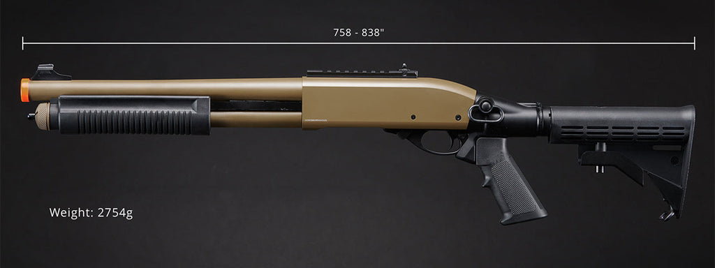 Golden Eagle M8871 3/6-Shot Pump Action Gas Airsoft Shotgun w/ Ghost Ring Iron Sights & M4 Crane Stock - (Tan)