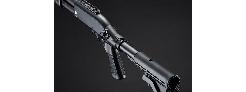 Golden Eagle M8871 3/6-Shot Pump Action Gas Airsoft Shotgun w/ Ghost Ring Iron Sights & M4 Crane Stock - (Black)