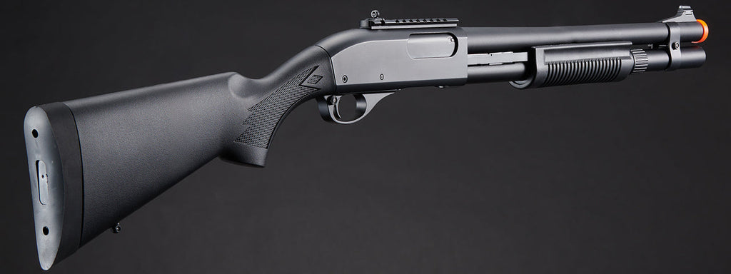 Golden Eagle M870 3/6-Shot Pump Action CO2 Airsoft Shotgun w/ Mock Shell Tube & Ghost Ring Iron Sights - (Black)