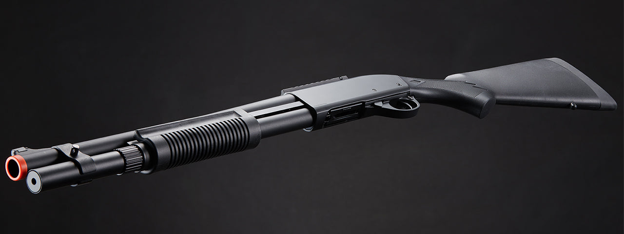 Golden Eagle M870 3/6-Shot Pump Action CO2 Airsoft Shotgun w/ Mock Shell Tube & Ghost Ring Iron Sights - (Black)