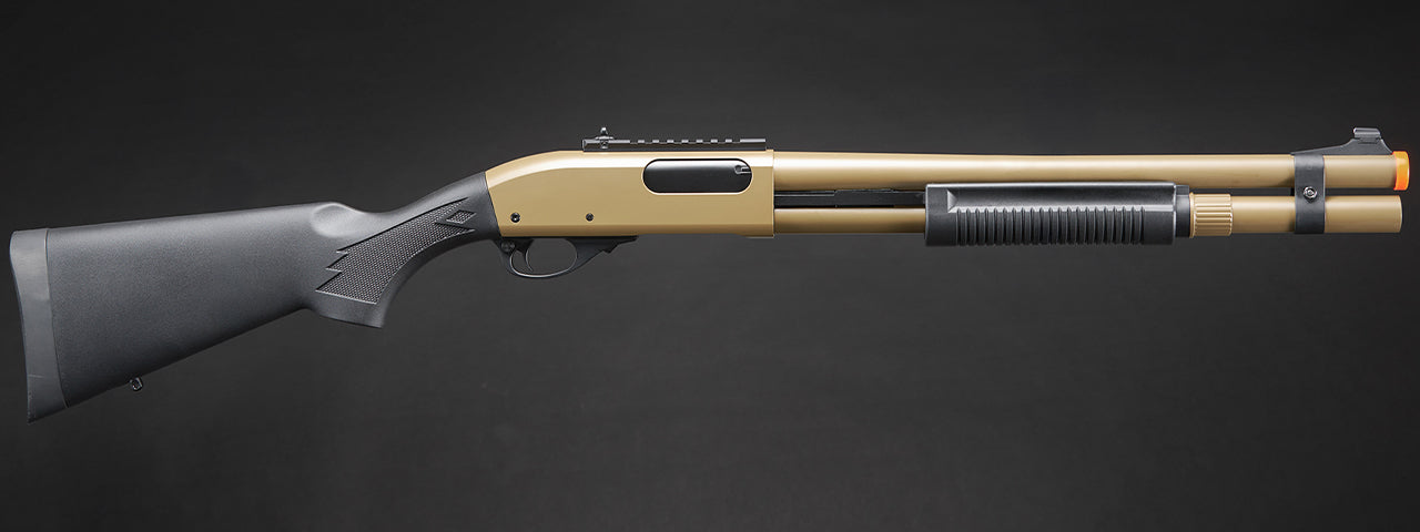 Golden Eagle M870 3/6-Shot Pump Action CO2 Airsoft Shotgun w/ Mock Shell Tube & Ghost Ring Iron Sights - (Tan)