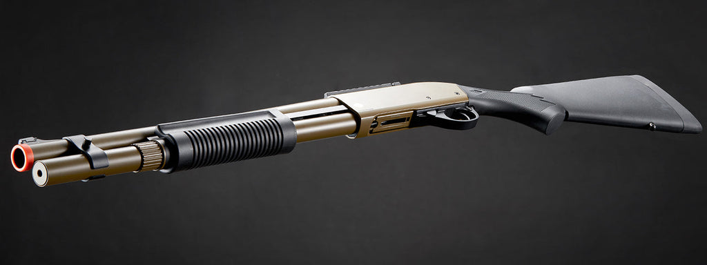 Golden Eagle M870 3/6-Shot Pump Action CO2 Airsoft Shotgun w/ Mock Shell Tube & Ghost Ring Iron Sights - (Tan)