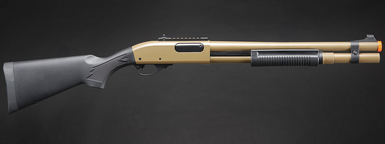 Golden Eagle M870 3/6-Shot Pump Action Gas Airsoft Shotgun w/ Mock Shell Tube & Ghost Ring Iron Sights - (Tan)