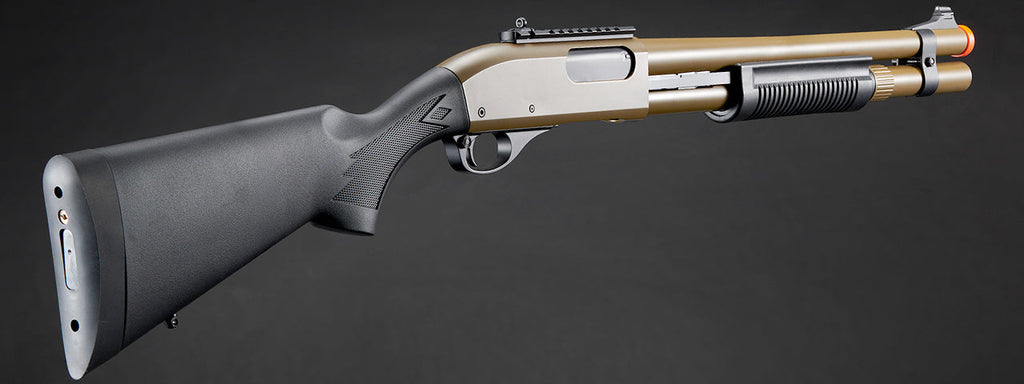 Golden Eagle M870 3/6-Shot Pump Action Gas Airsoft Shotgun w/ Mock Shell Tube & Ghost Ring Iron Sights - (Tan)
