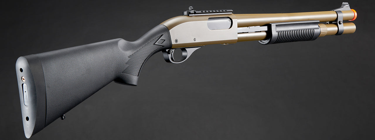Golden Eagle M870 3/6-Shot Pump Action Gas Airsoft Shotgun w/ Mock Shell Tube & Ghost Ring Iron Sights - (Tan)