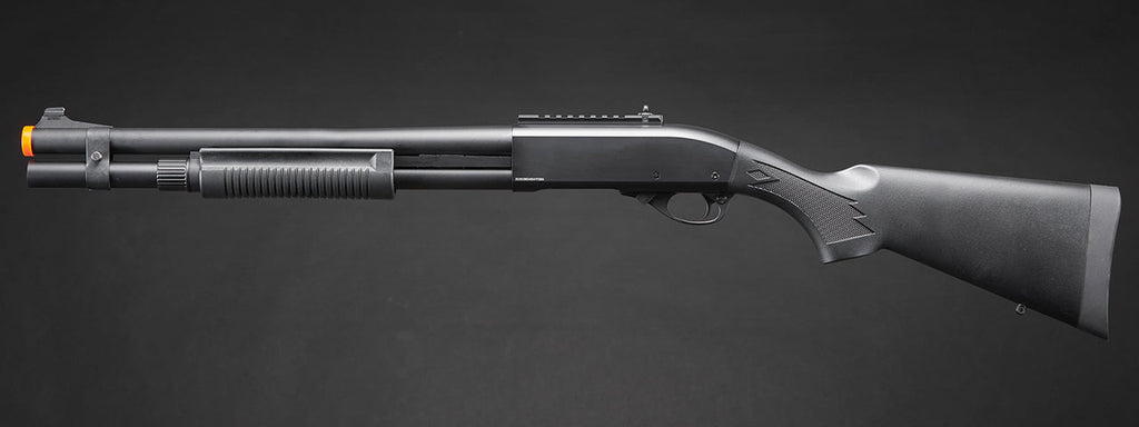 Golden Eagle M870 3/6-Shot Pump Action Gas Airsoft Shotgun w/ Mock Shell Tube & Ghost Ring Iron Sights - (Black)