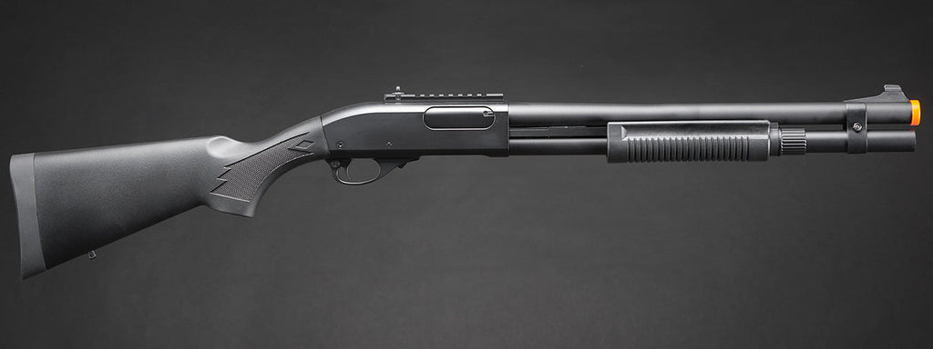 Golden Eagle M870 3/6-Shot Pump Action Gas Airsoft Shotgun w/ Mock Shell Tube & Ghost Ring Iron Sights - (Black)
