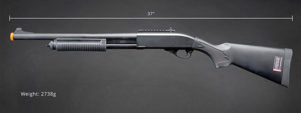 Golden Eagle M870 3/6-Shot Pump Action Gas Airsoft Shotgun w/ Mock Shell Tube & Ghost Ring Iron Sights - (Black)