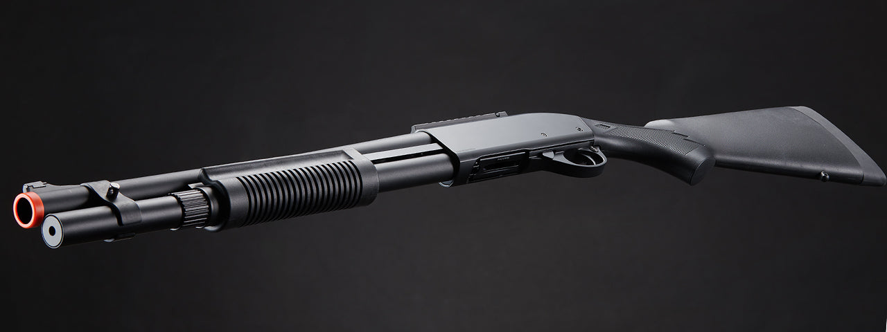 Golden Eagle M870 3/6-Shot Pump Action Gas Airsoft Shotgun w/ Mock Shell Tube & Ghost Ring Iron Sights - (Black)