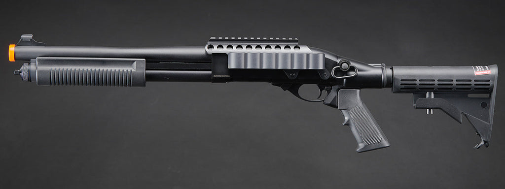 Golden Eagle M8873 3/6-Shot Pump Action CO2 Airsoft Shotgun w/ Optic Rail & M4 Crane Stock - (Black)