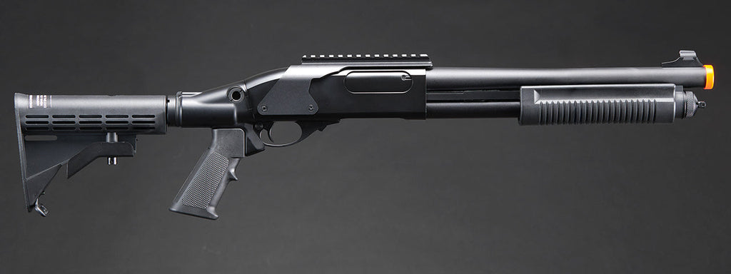 Golden Eagle M8873 3/6-Shot Pump Action CO2 Airsoft Shotgun w/ Optic Rail & M4 Crane Stock - (Black)