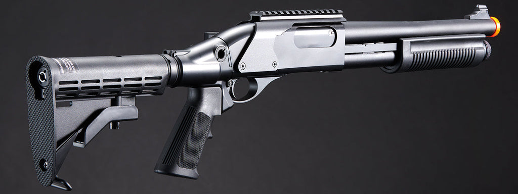 Golden Eagle M8873 3/6-Shot Pump Action CO2 Airsoft Shotgun w/ Optic Rail & M4 Crane Stock - (Black)