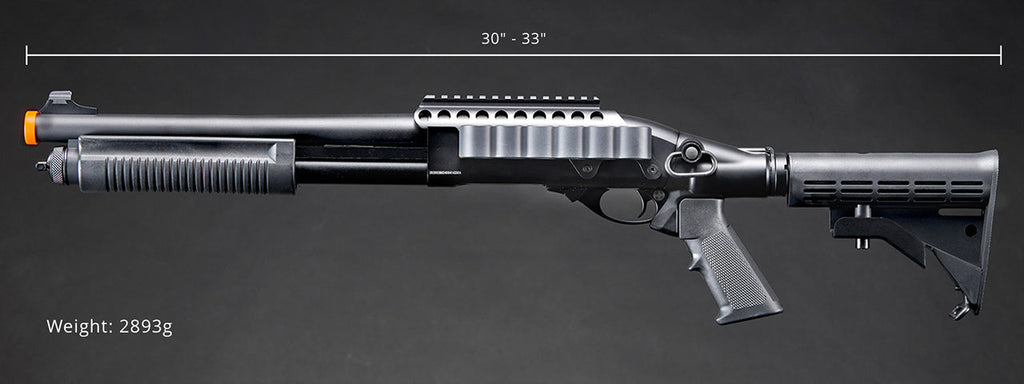 Golden Eagle M8873 3/6-Shot Pump Action CO2 Airsoft Shotgun w/ Optic Rail & M4 Crane Stock - (Black)