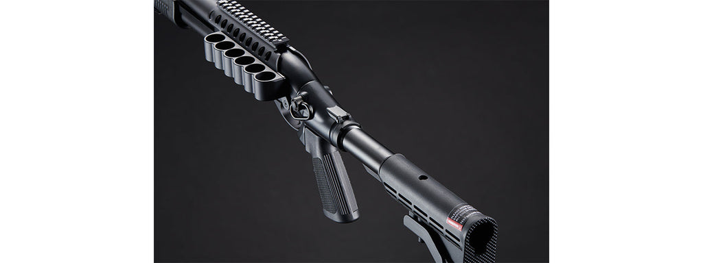 Golden Eagle M8873 3/6-Shot Pump Action CO2 Airsoft Shotgun w/ Optic Rail & M4 Crane Stock - (Black)