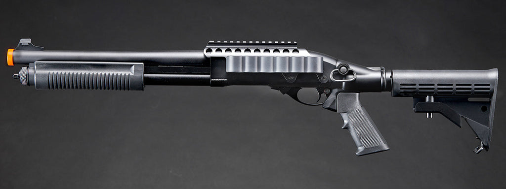 Golden Eagle M8873 3/6-Shot Pump Action Gas Airsoft Shotgun w/ Optic Rail & M4 Crane Stock - (Black)