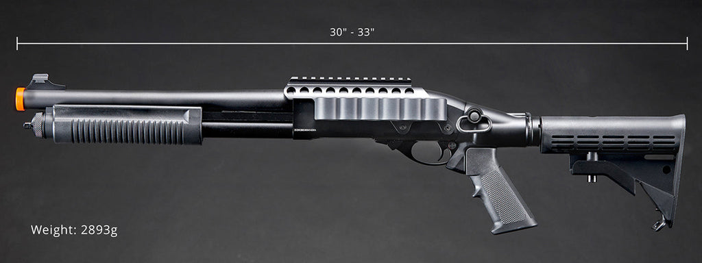 Golden Eagle M8873 3/6-Shot Pump Action Gas Airsoft Shotgun w/ Optic Rail & M4 Crane Stock - (Black)