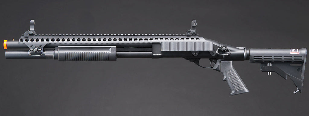 Golden Eagle M8874 3/6-Shot Pump Action CO2 Airsoft Shotgun w/ Flip Up Sights, Picatinny Rail & M4 Crane Stock - (Black)