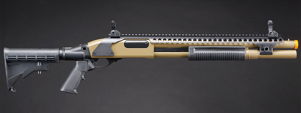 Golden Eagle M8874 3/6-Shot Pump Action CO2 Airsoft Shotgun w/ Flip Up Sights, Picatinny Rail & M4 Crane Stock - (Tan)