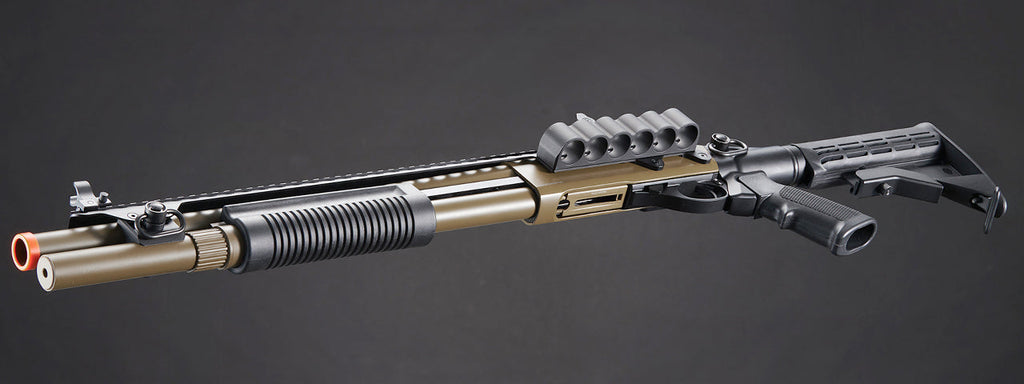Golden Eagle M8874 3/6-Shot Pump Action CO2 Airsoft Shotgun w/ Flip Up Sights, Picatinny Rail & M4 Crane Stock - (Tan)