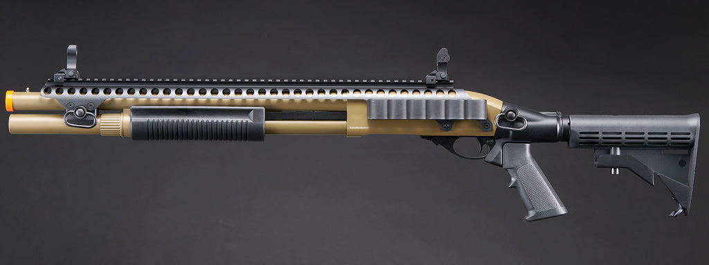 Golden Eagle M8874 3/6-Shot Pump Action Gas Airsoft Shotgun w/ Flip Up Sights, Picatinny Rail & M4 Crane Stock - (Tan)