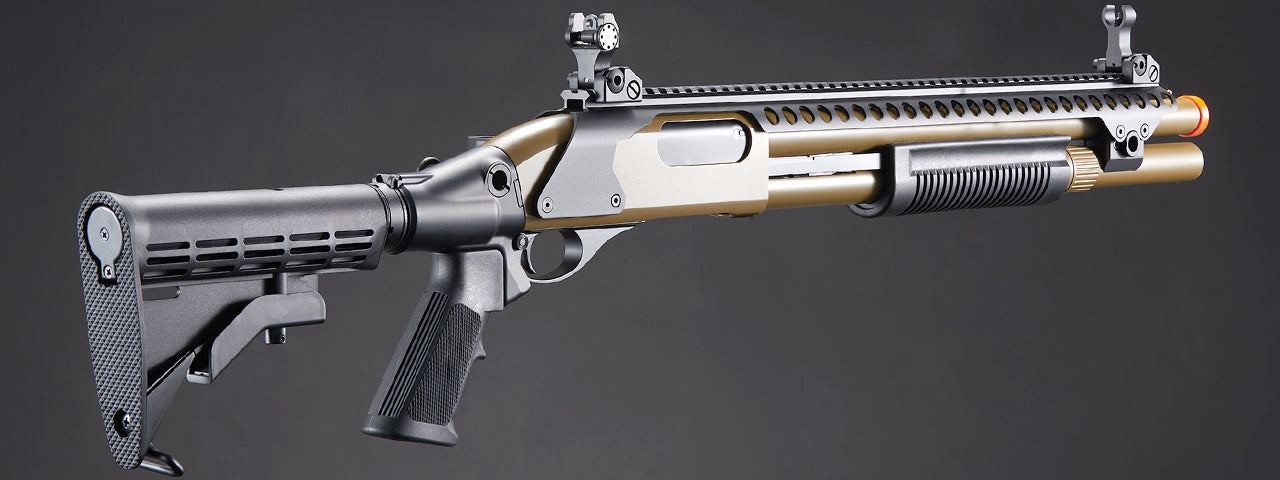 Golden Eagle M8874 3/6-Shot Pump Action Gas Airsoft Shotgun w/ Flip Up Sights, Picatinny Rail & M4 Crane Stock - (Tan)