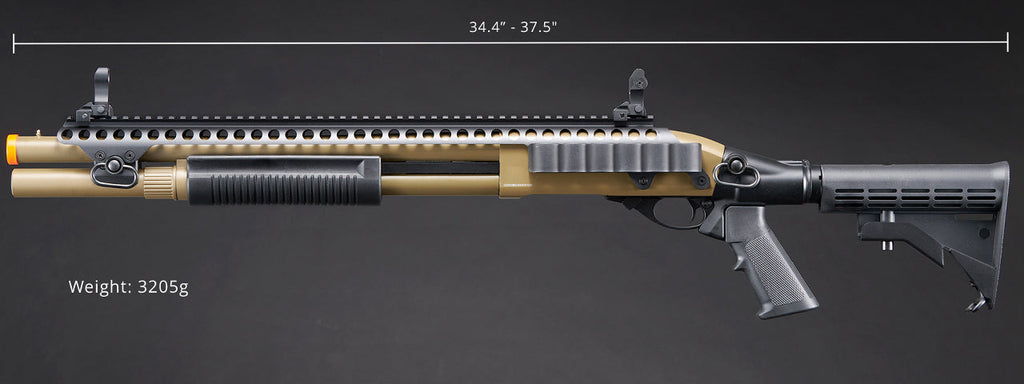 Golden Eagle M8874 3/6-Shot Pump Action Gas Airsoft Shotgun w/ Flip Up Sights, Picatinny Rail & M4 Crane Stock - (Tan)