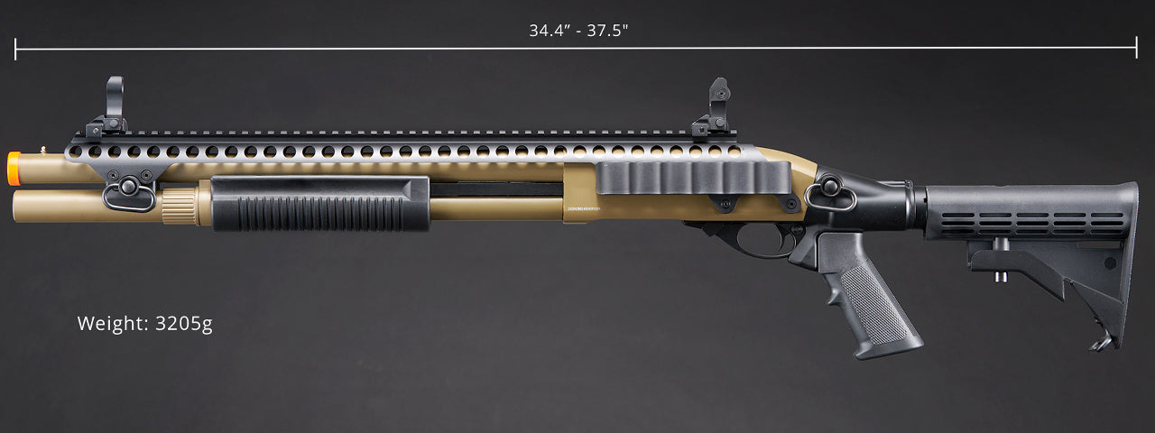 Golden Eagle M8874 3/6-Shot Pump Action Gas Airsoft Shotgun w/ Flip Up Sights, Picatinny Rail & M4 Crane Stock - (Tan)