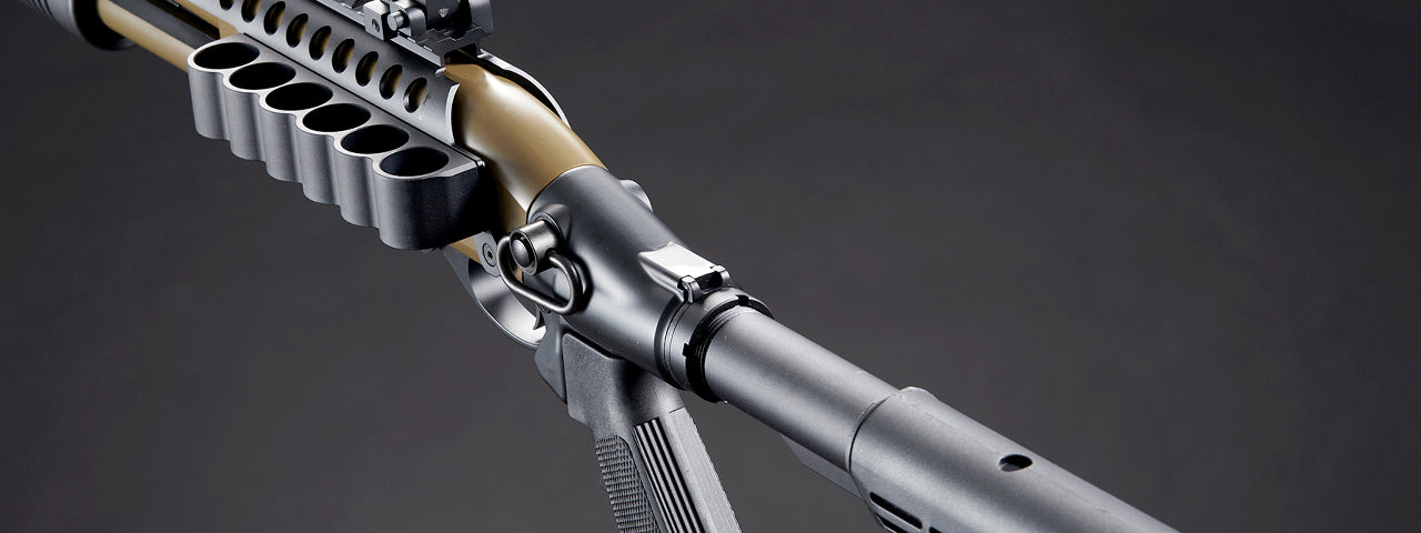 Golden Eagle M8874 3/6-Shot Pump Action Gas Airsoft Shotgun w/ Flip Up Sights, Picatinny Rail & M4 Crane Stock - (Tan)